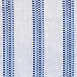 Detail of a hand-woven cotton fabric in an irregular stripe pattern in navy and blue on a white field.