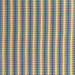 Detail of a hand-woven cotton fabric in an intricate stripe pattern in shades of blue, navy, tan and yellow.