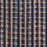 Detail of a hand-woven cotton fabric in an intricate stripe pattern in shades of brown, navy, pink and white.
