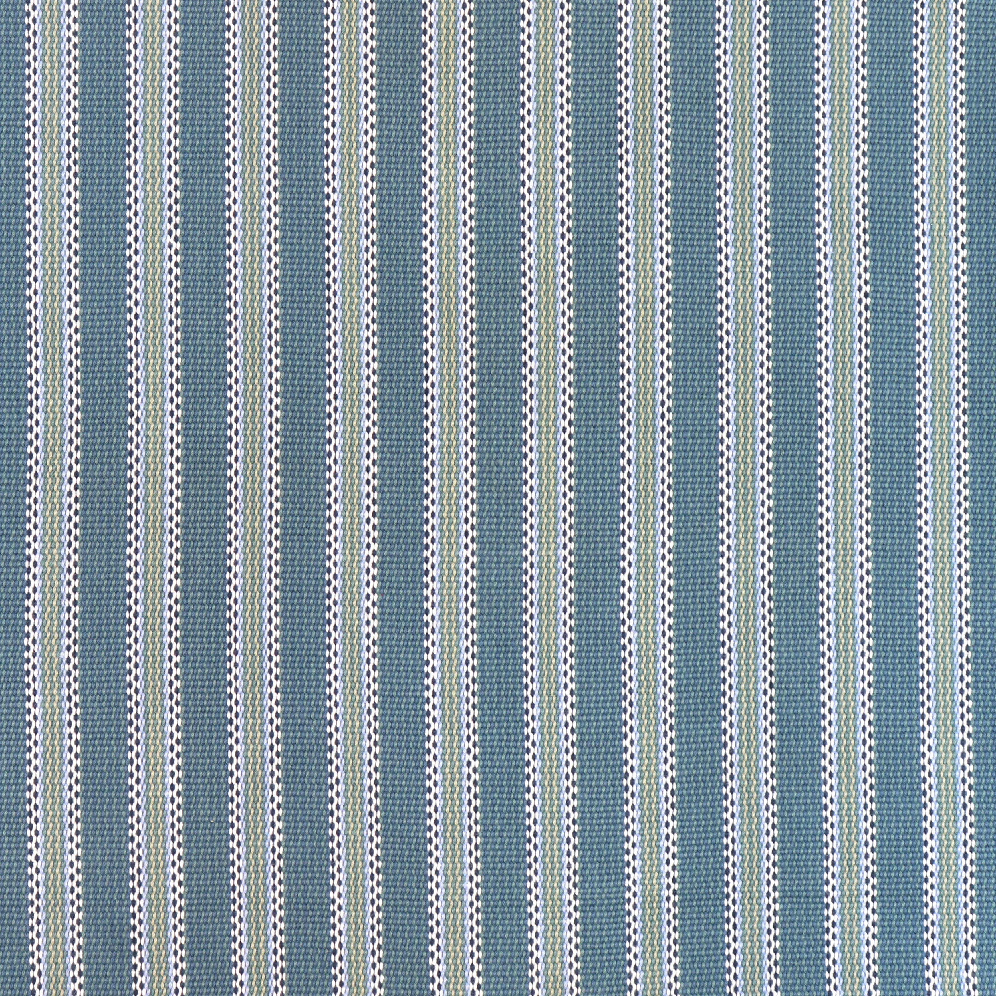 Detail of a hand-woven cotton striped fabric in blue, green cream and navy.