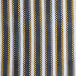 Detail of a hand-woven cotton fabric in an intricate stripe pattern in shades of blue, brown, yellow and white.