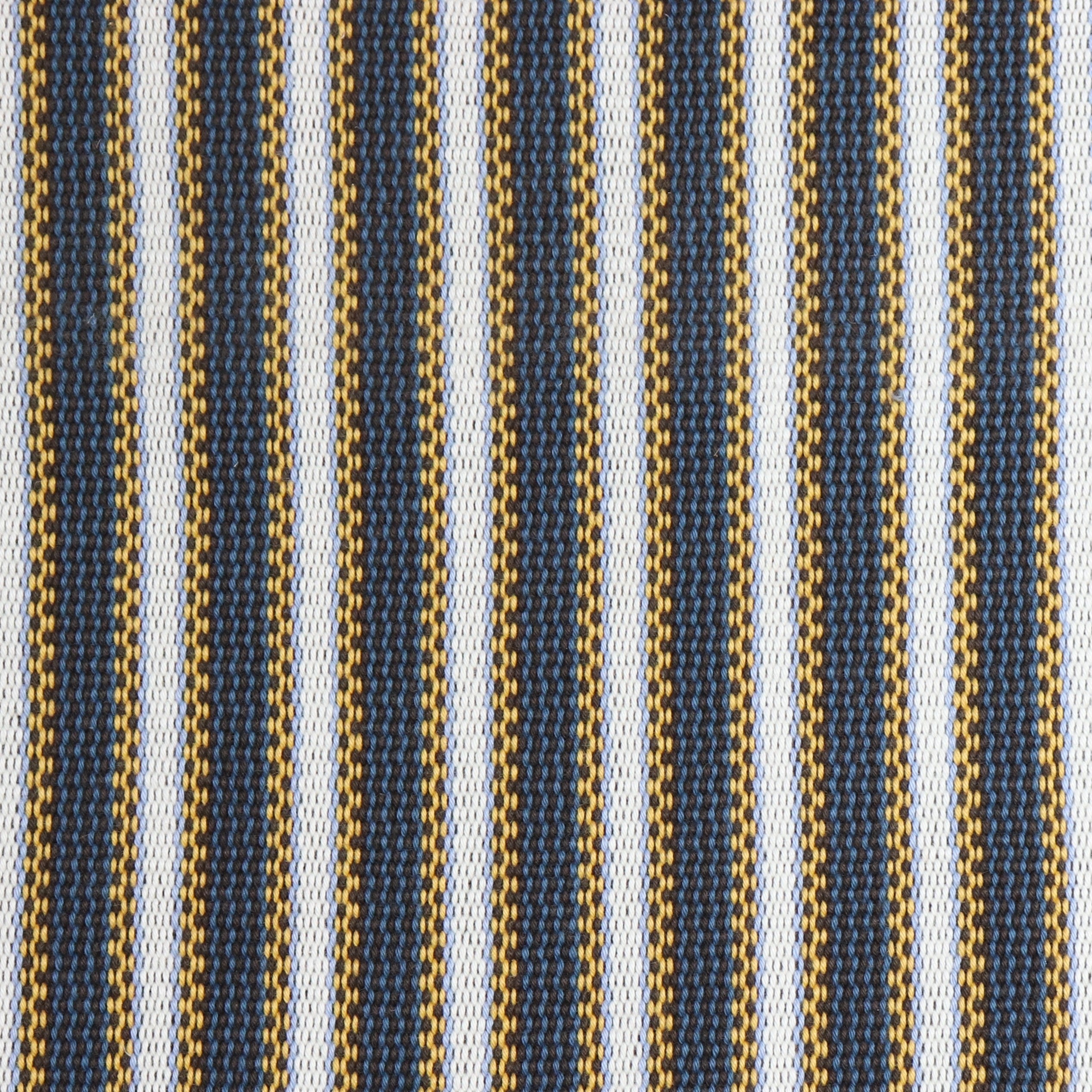 Detail of a hand-woven cotton fabric in an intricate stripe pattern in shades of blue, brown, yellow and white.