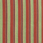 Detail of a hand-woven cotton fabric in a stripe pattern in shades of red, yellow, brown and green.