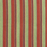 Detail of a hand-woven cotton fabric in a stripe pattern in shades of red, yellow, brown and green.