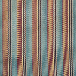 Detail of a hand-woven cotton fabric in a stripe pattern in shades of teal, brown, yellow and red.