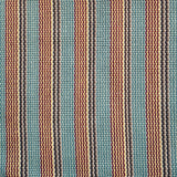 Detail of a hand-woven cotton fabric in a stripe pattern in shades of teal, brown, yellow and red.