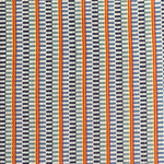 Detail of a hand-woven cotton fabric in an intricate gridded stripe pattern in shades of blue, white, red and yellow.