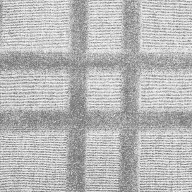 Broadloom carpet in a dimensional plaid pattern in silver grey.