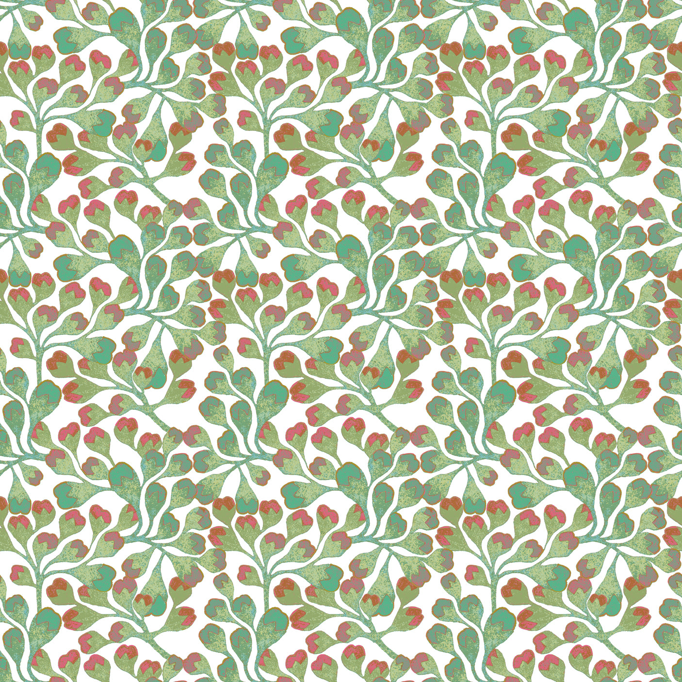 Patterned paper with green and red leaves on a white background