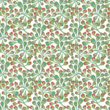 Patterned paper with green and red leaves on a white background