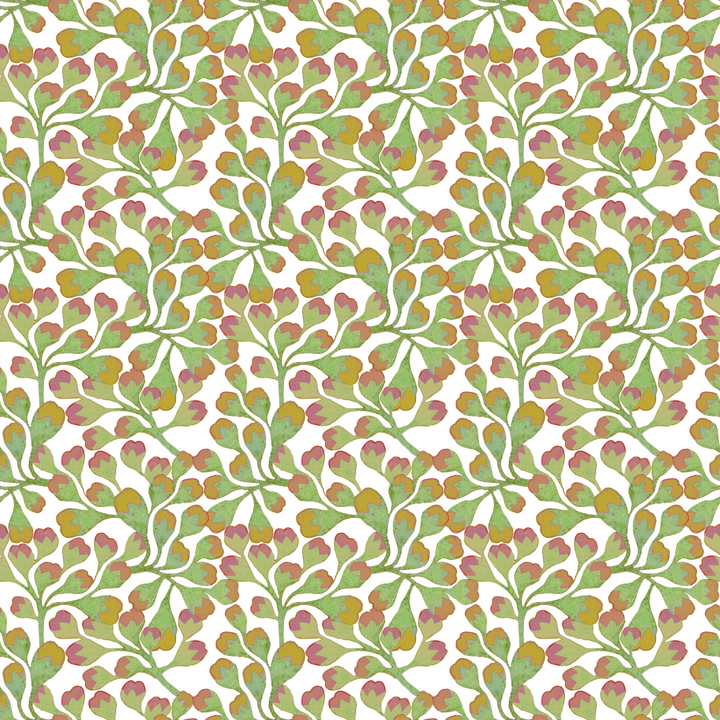 Patterned paper with green and pink floral design on a white background