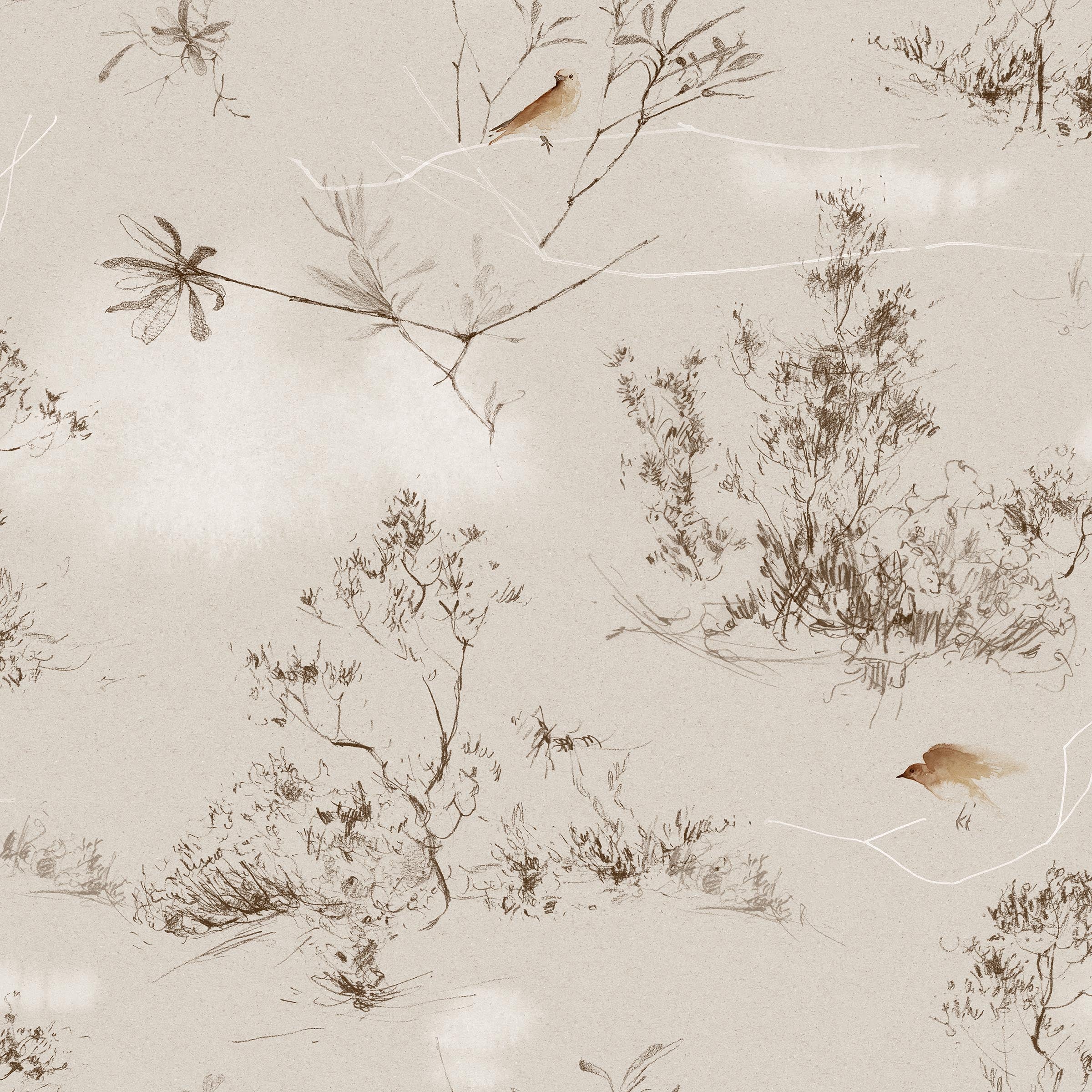 Detail of linen fabric with a painterly bird and branch print in shades of brown on a tan field.