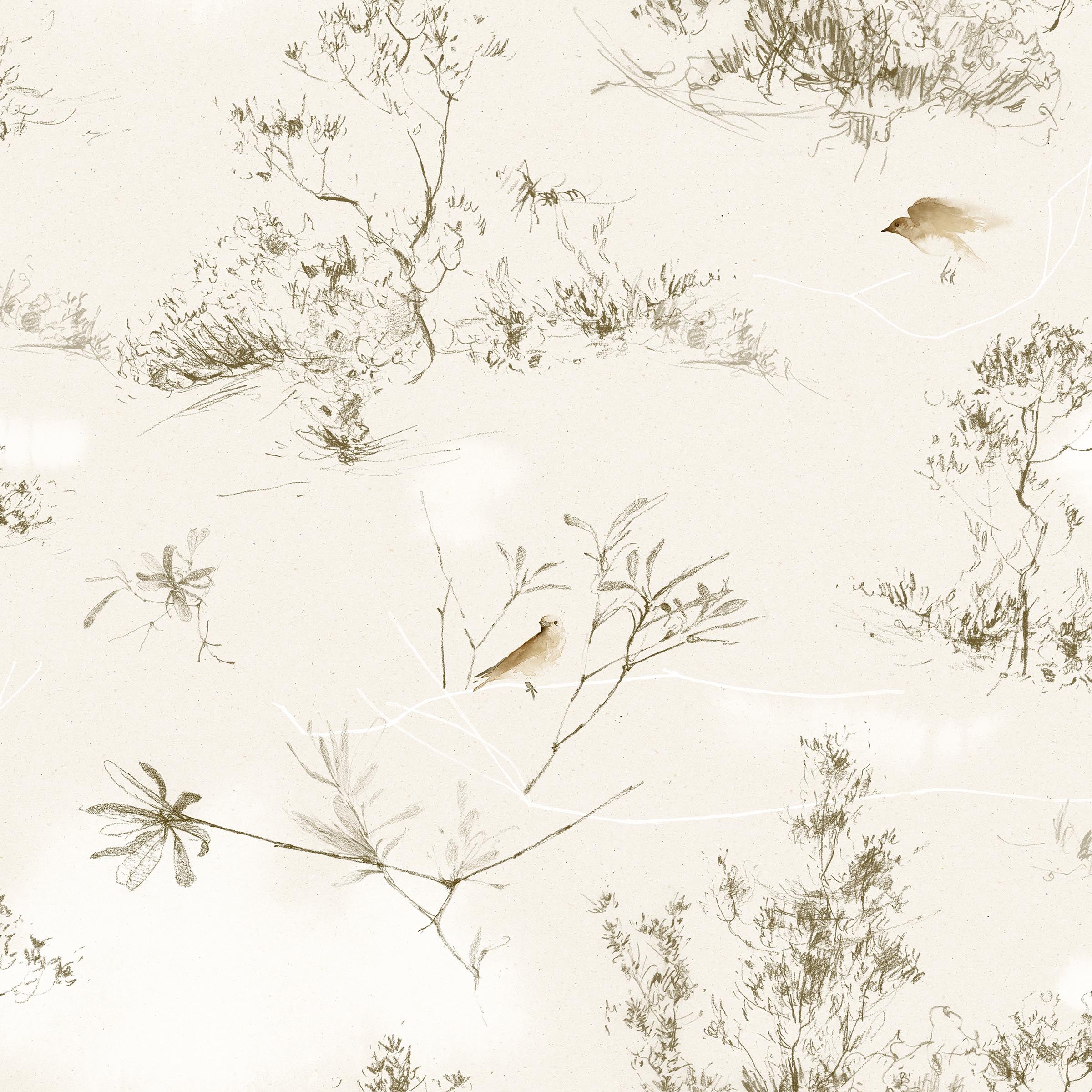 Detail of wallpaper in a painterly bird and branch print in shades of brown and white on a cream field.
