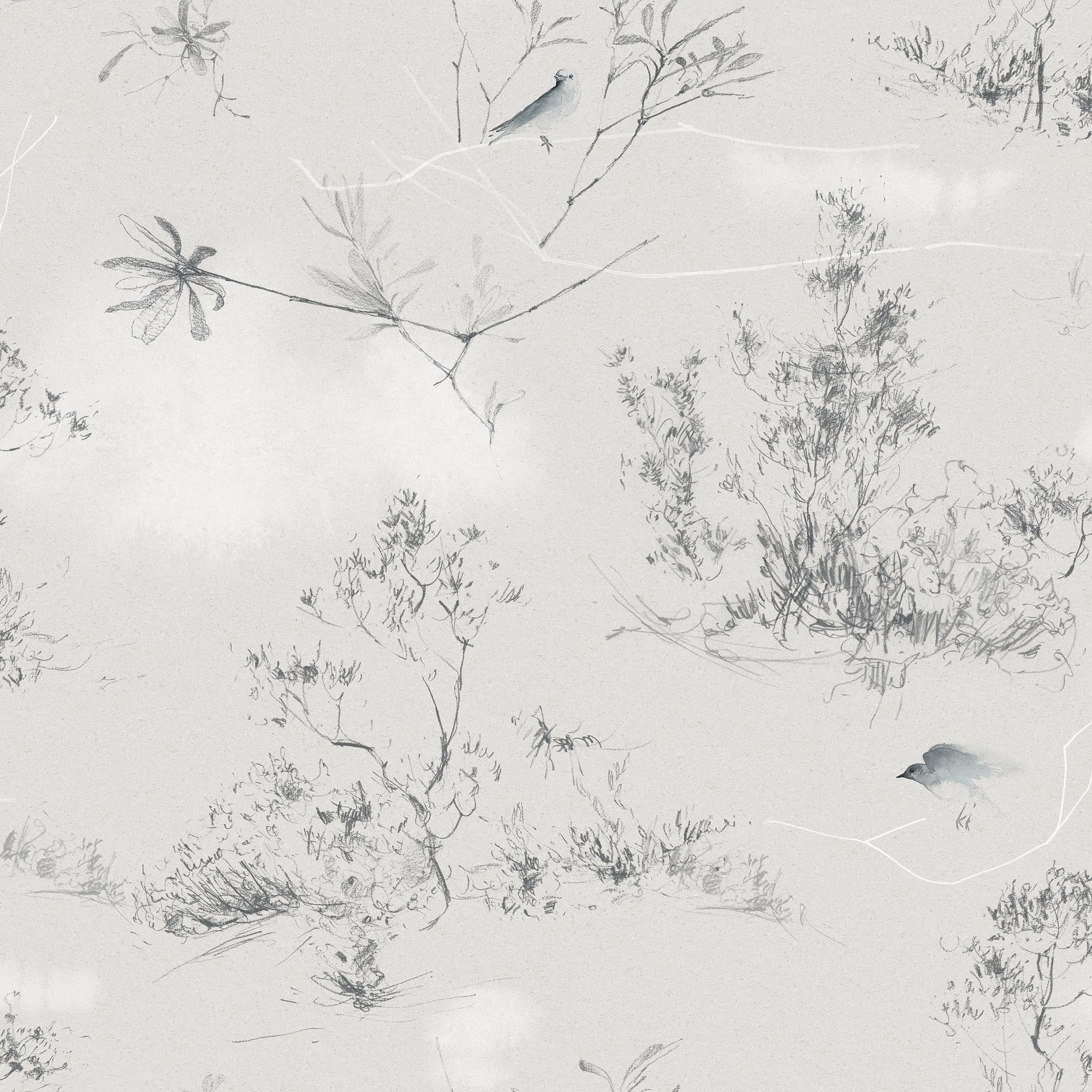 Detail of linen fabric with a painterly bird and branch print in shades of gray on a cream field.