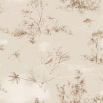 Detail of wallpaper in a painterly bird and branch print in shades of brown and white on a cream field.