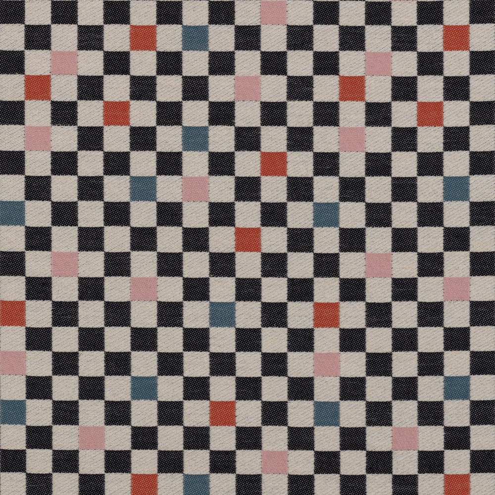 Jacquard fabric in a checked pattern in shades of pink, red, blue and black on a tan field.