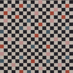 Jacquard fabric in a checked pattern in shades of pink, red, blue and black on a tan field.