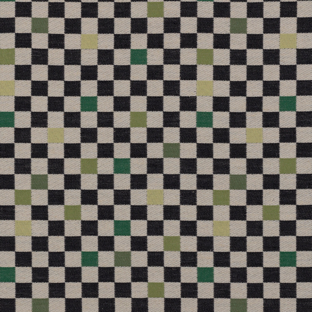 Jacquard fabric in a checked pattern in shades of yellow, green and black on a tan field.