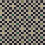 Jacquard fabric in a checked pattern in shades of yellow, green and black on a tan field.