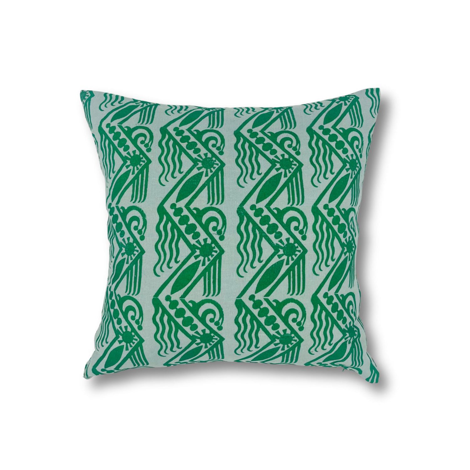 Square throw pillow in a repeating linear block print pattern in green on a mint field.