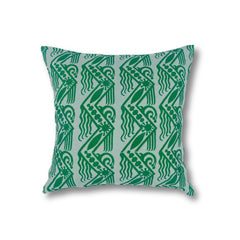 Square throw pillow in a repeating linear block print pattern in green on a mint field.