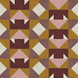 Detail of wallpaper in a geometric grid print in shades of purple and mustard on a cream field.