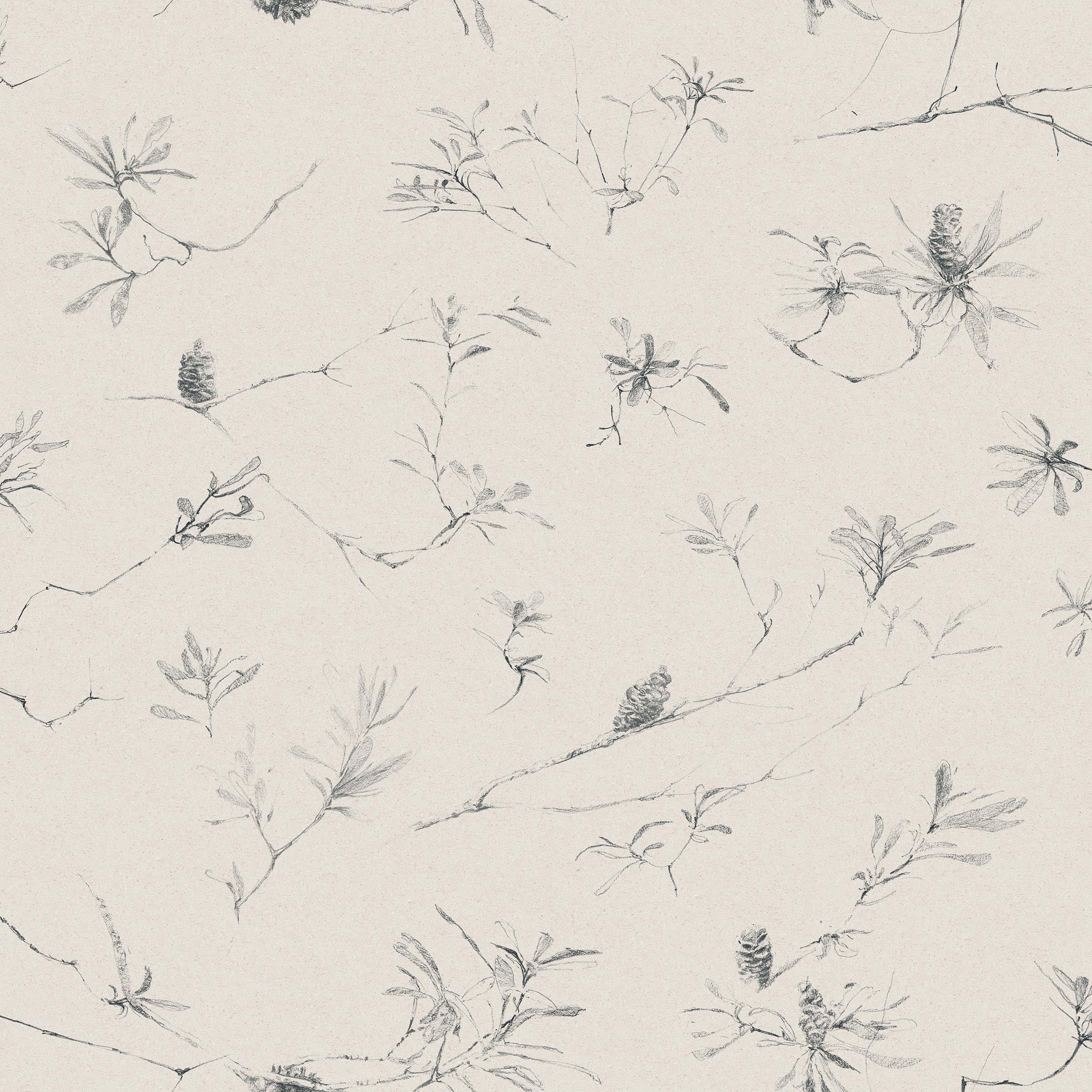 Detail of fabric in a painterly pine cone and branch print in gray on a greige field.