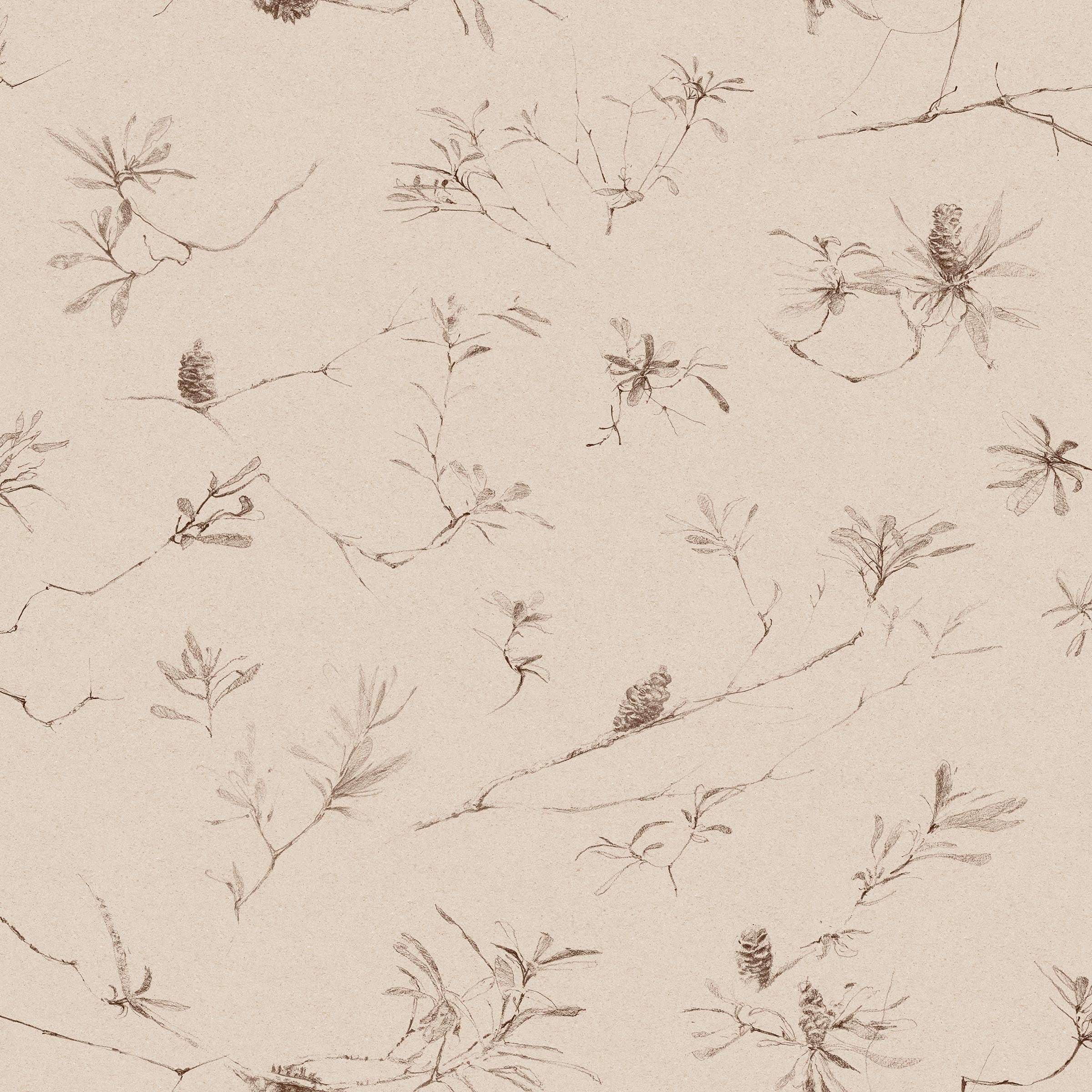 Detail of fabric in a painterly pine cone and branch print in brown on a cream field.