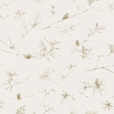 Detail of wallpaper in a painterly pine cone and branch print in green on a cream field.