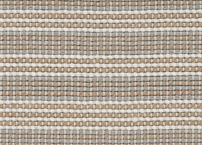 Broadloom carpet in a textural stripe in cream, beige and grey.