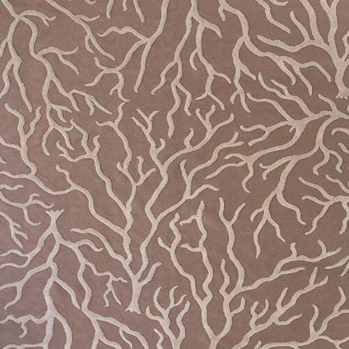 Handknotted carpet with coral design in cream on a taupe field 