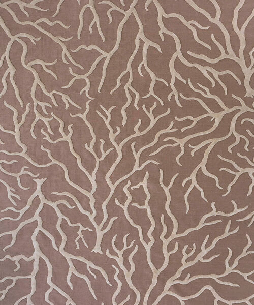 Handknotted carpet with coral design in cream on a taupe field 