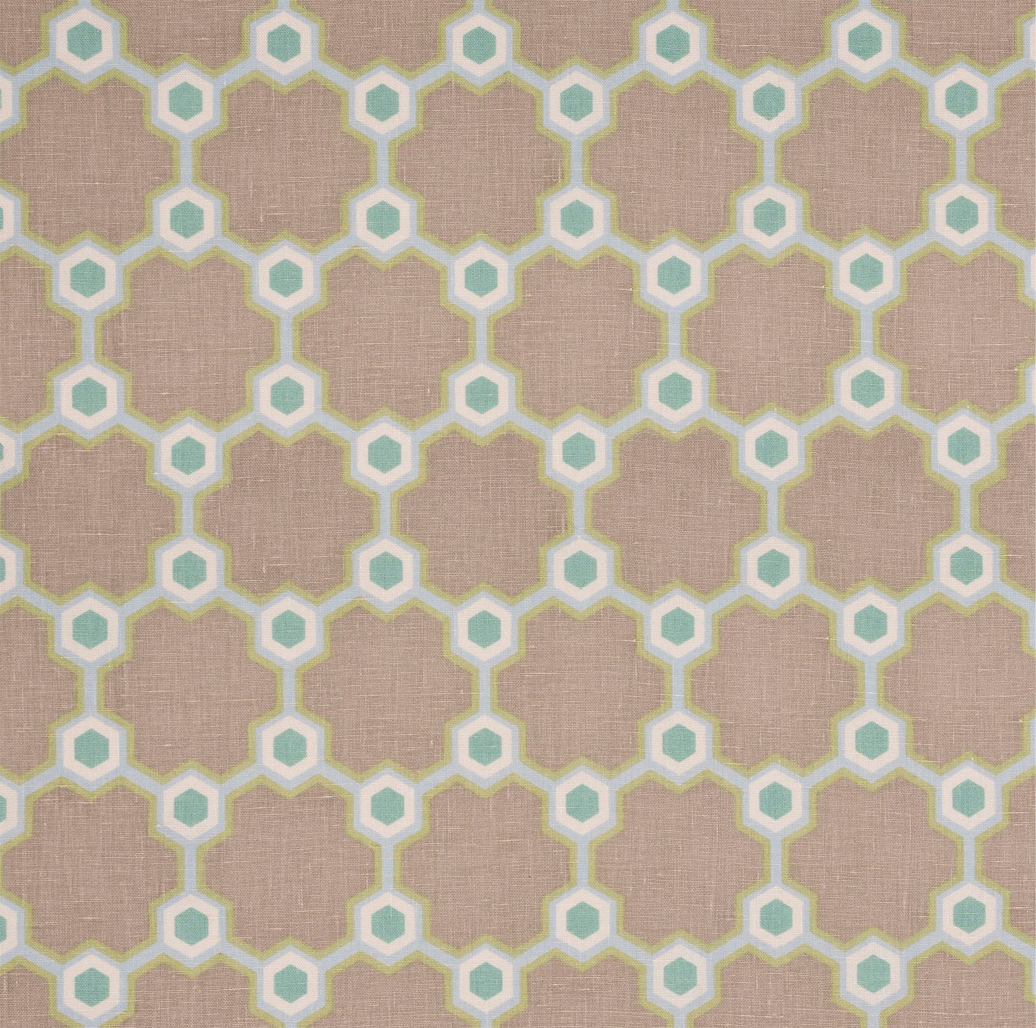 Detail of fabric in a geometric honeycomb pattern in shades of green, blue, cream and brown.