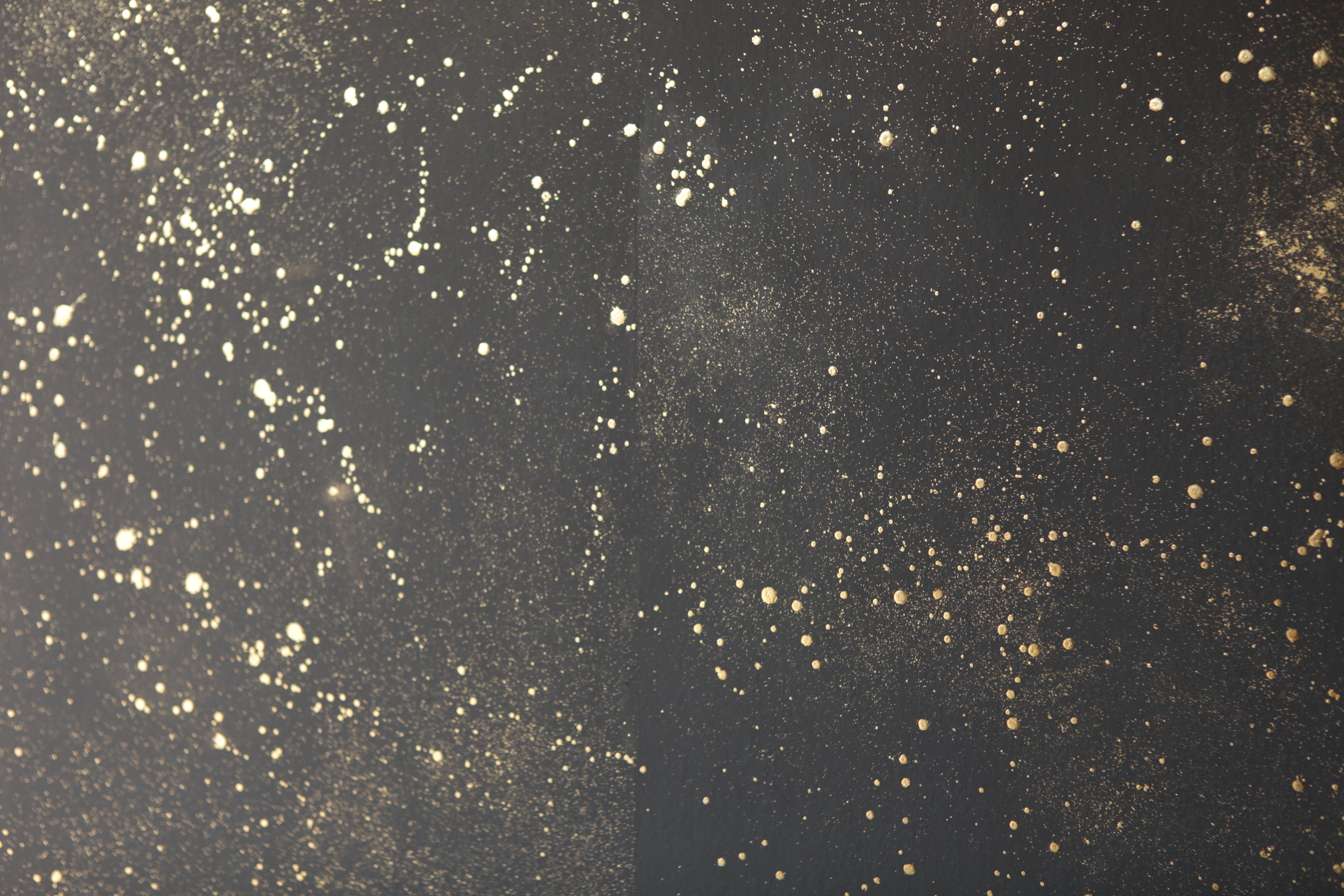 Detail of a wallpaper in a random splattered pattern in metallic gold on a black field.
