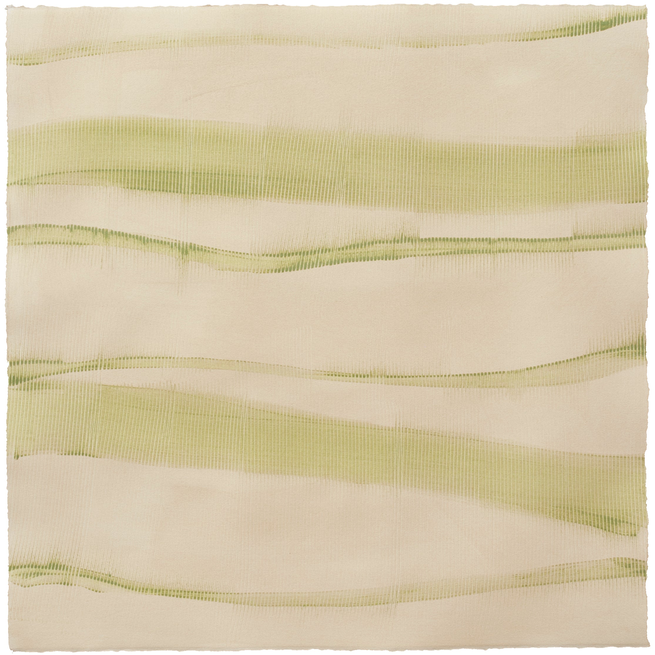 Sheet of hand-painted wallpaper with an irregular combed stripe pattern in olive on a cream field.