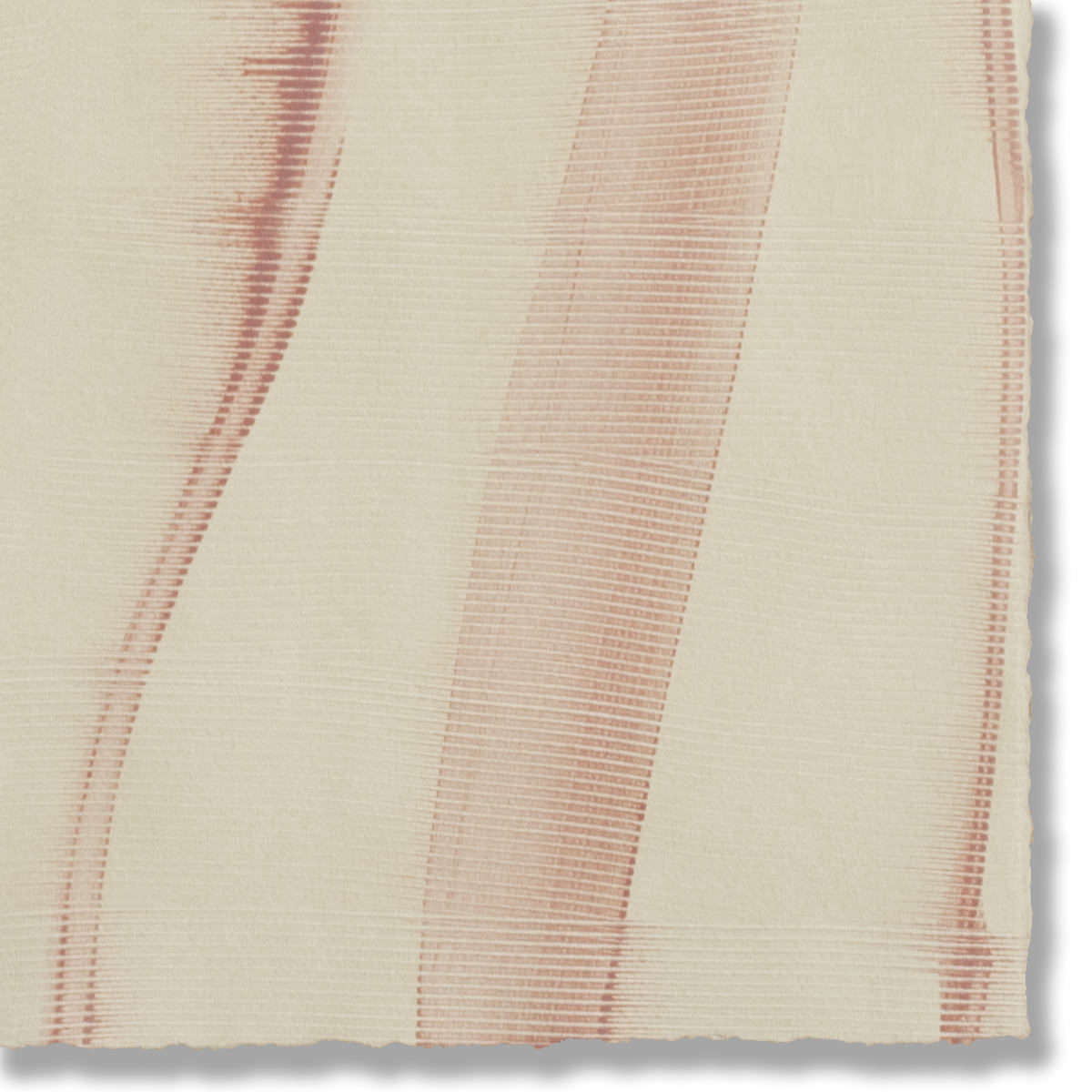 Detail of a handmade wallpaper swatch with an irregular combed stripe pattern in pink on a tan field.