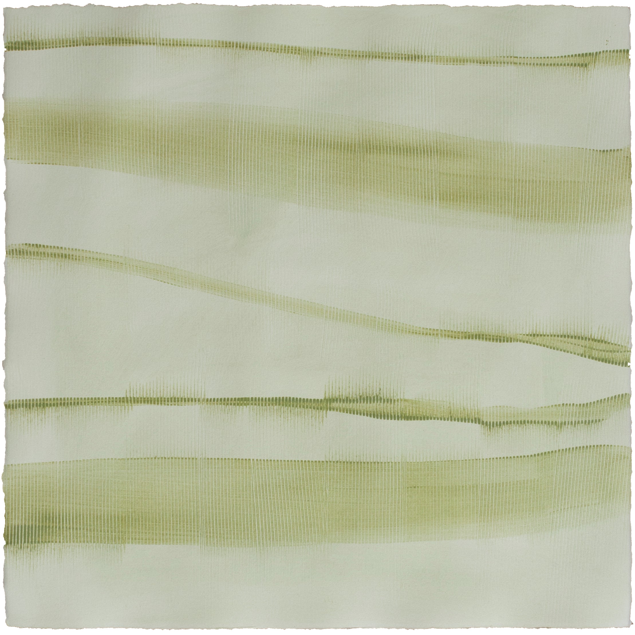 Sheet of hand-painted wallpaper with an irregular combed stripe pattern in green on a light sage field.