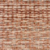 Handknotted rug sample with a strié textural design in orange, grey and ivory.