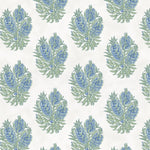 Detail of wallpaper in a floral cameo print in light blue and green on a white field.