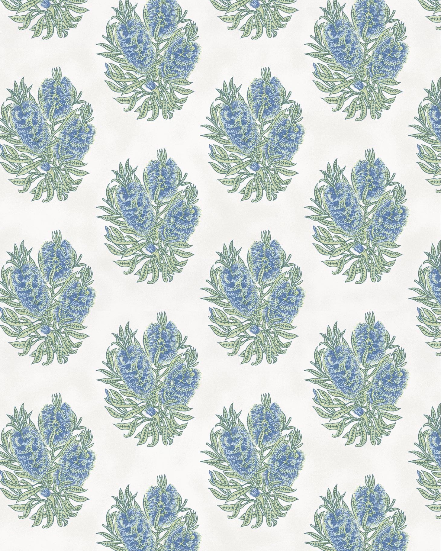 Detail of wallpaper in a floral cameo print in light blue and green on a white field.