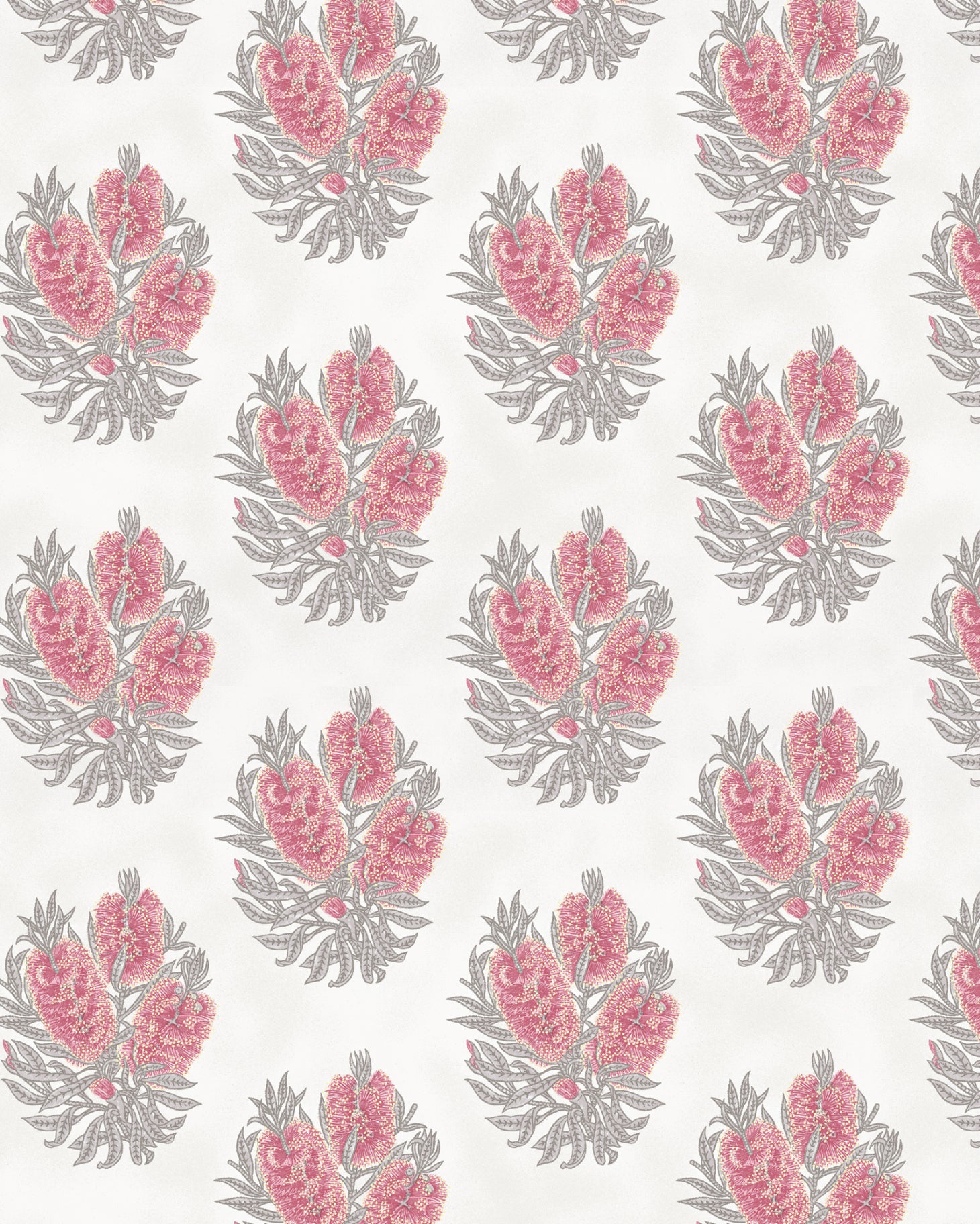 Detail of wallpaper in a floral cameo print in dusty rose and gray on a white field.