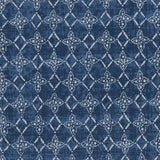 Detail of fabric in a botanical lattice print in gray on a mottled navy field.