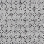 Detail of fabric in a botanical lattice print in charcoal on a mottled gray field.