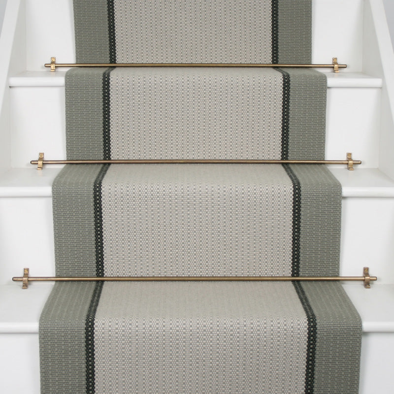 Striped flatweave runner in grey on white stairs