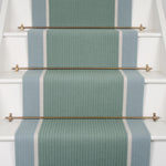 Striped flatweave runner in green and blue on white stairs