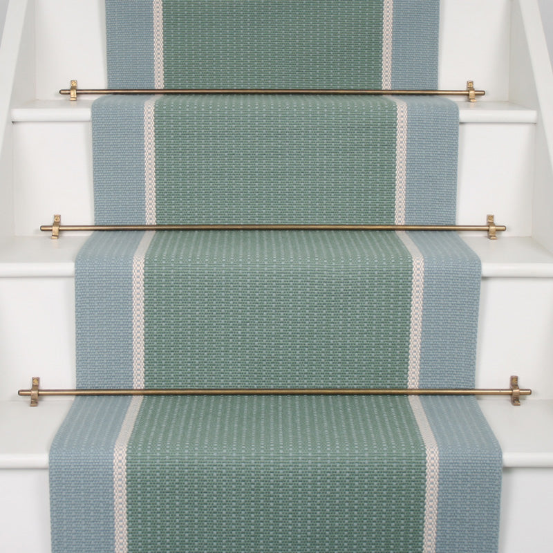 Striped flatweave runner in green and blue on white stairs