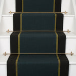 Striped flatweave runner in black and teal on white stairs