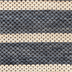 Close-up of a woven leather rug in an irregular stripe print in cream and navy.