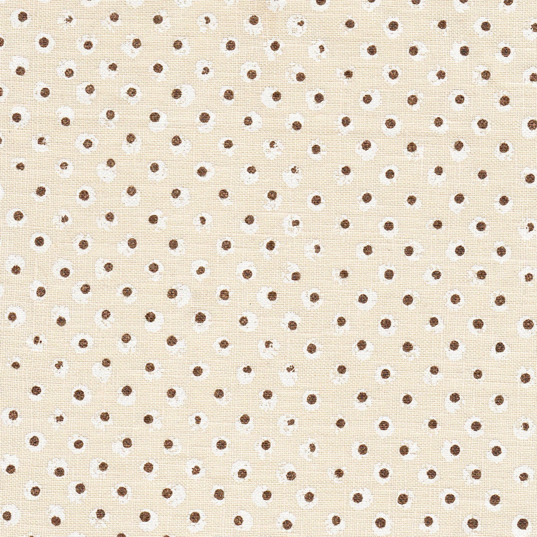 Detail of fabric in a painterly dot print in white and brown on a cream field.