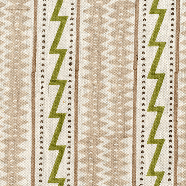 Fabric in a playful stripe and zigzag pattern in shades of cream, green and brown on a white field.